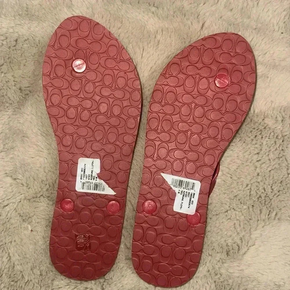 Coach red floral flips flops. Size 9-10 Silver embellishment on strap. - Picture 8 of 9